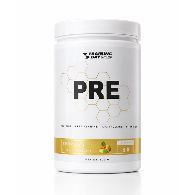 Supplement container labeled 'PRE' by Training Day Labs on a white background