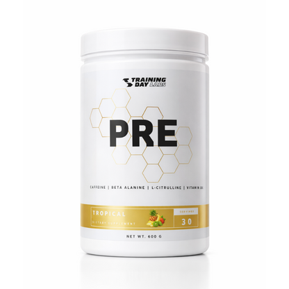 Supplement container labeled 'PRE' by Training Day Labs on a white background