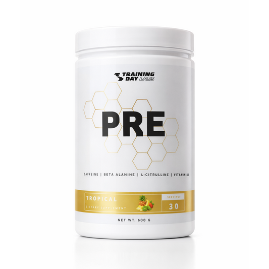 Supplement container labeled 'PRE' by Training Day Labs on a white background