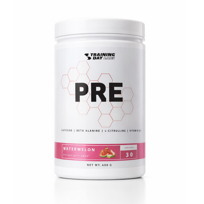 Pre-workout supplement container with 'PRE' branding on a white background